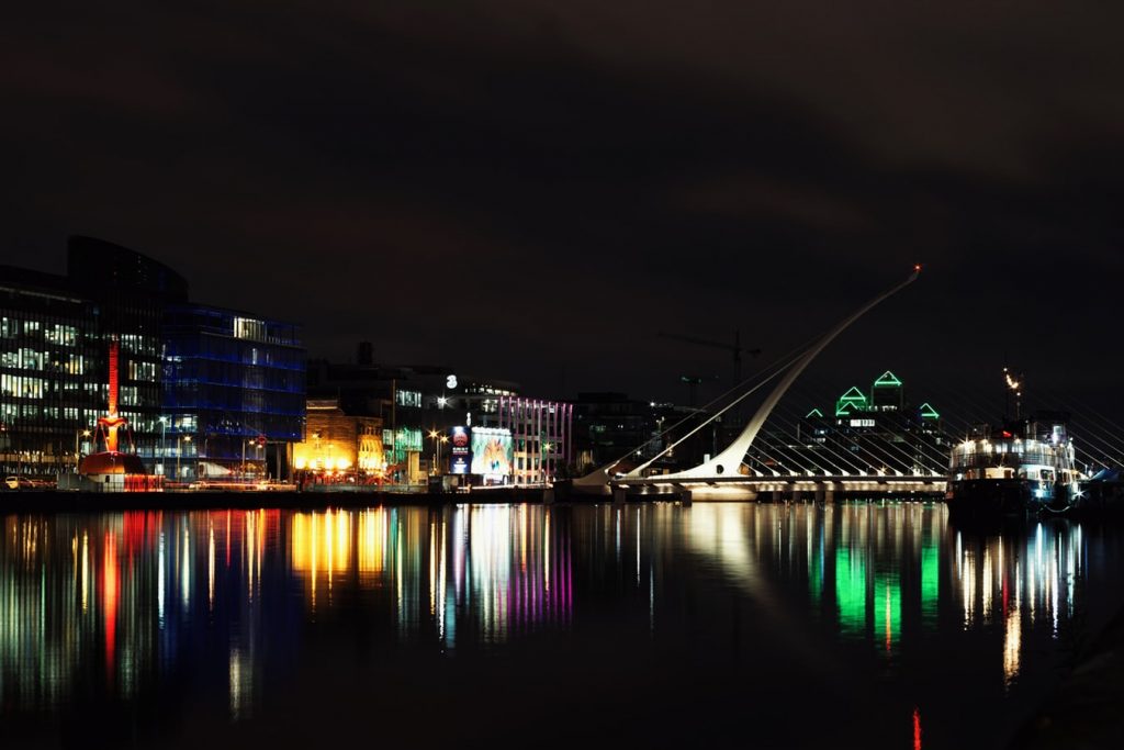 Dublin city at night reflected in water