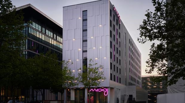 Exterior photo of the Moxy Hotel.